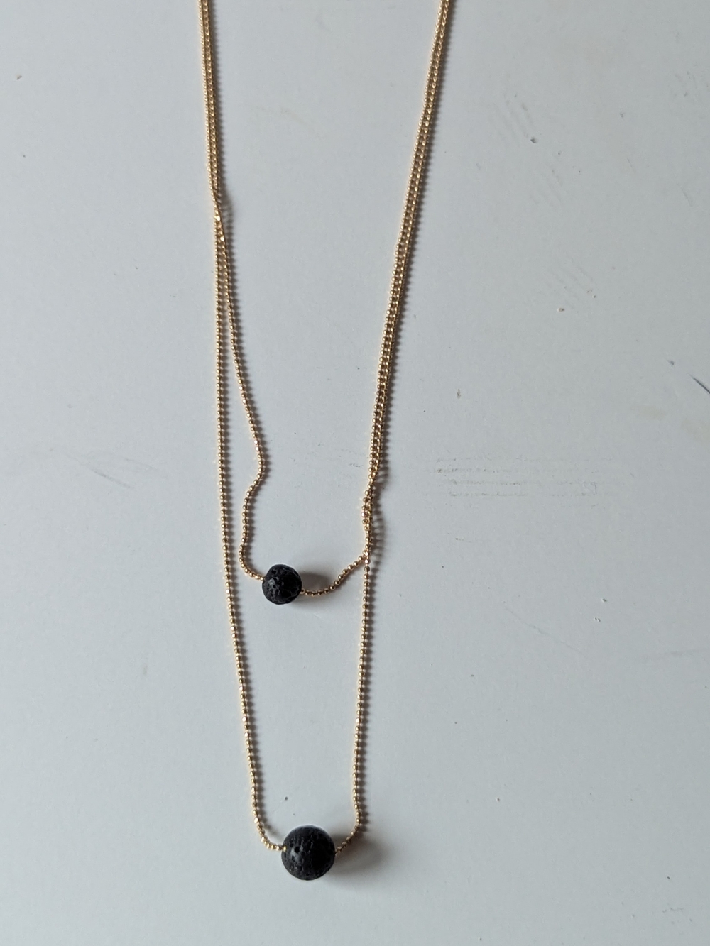 Double-Layer Gold Tone Necklace with Black Lava Beads For Essential Oils